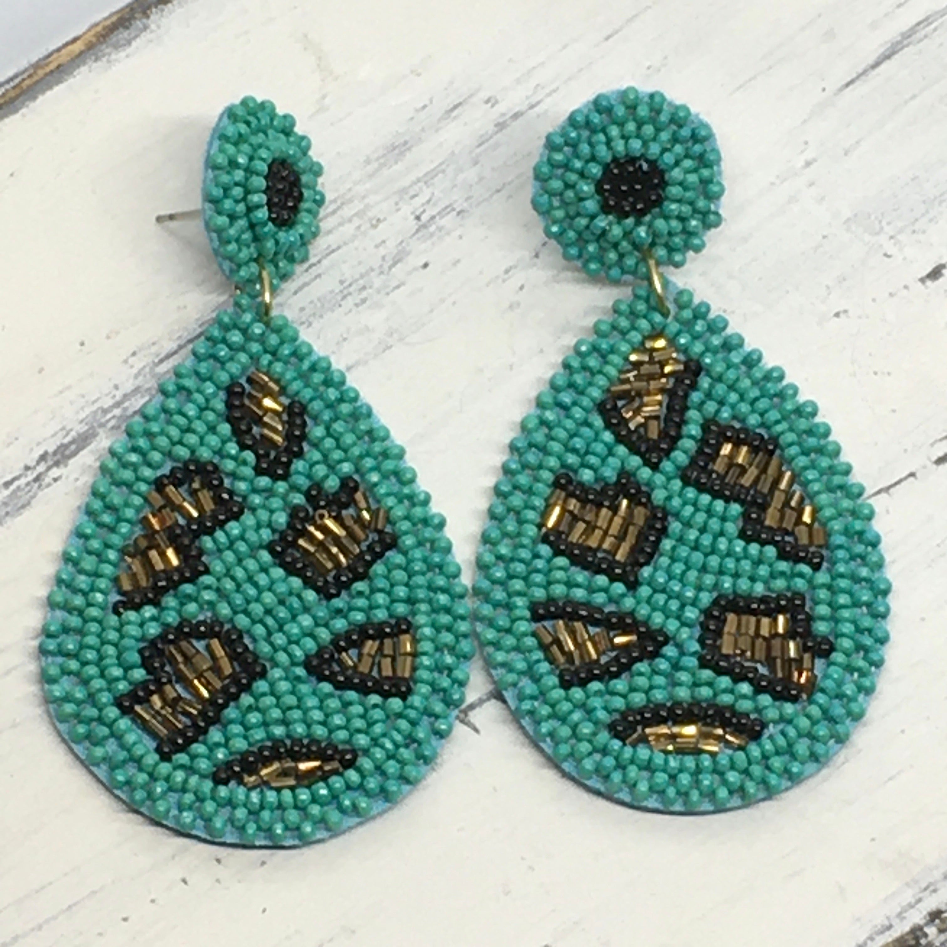 "Serengeti" Animal Print Seed Bead Teardrop Statement Earrings--Turquoise, Handmade