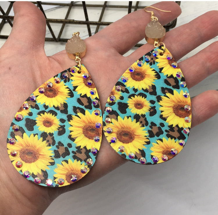 "Sunflowers & Rhinestones" Leopard Print Faux Leather Large Statement Earrings--Turquoise