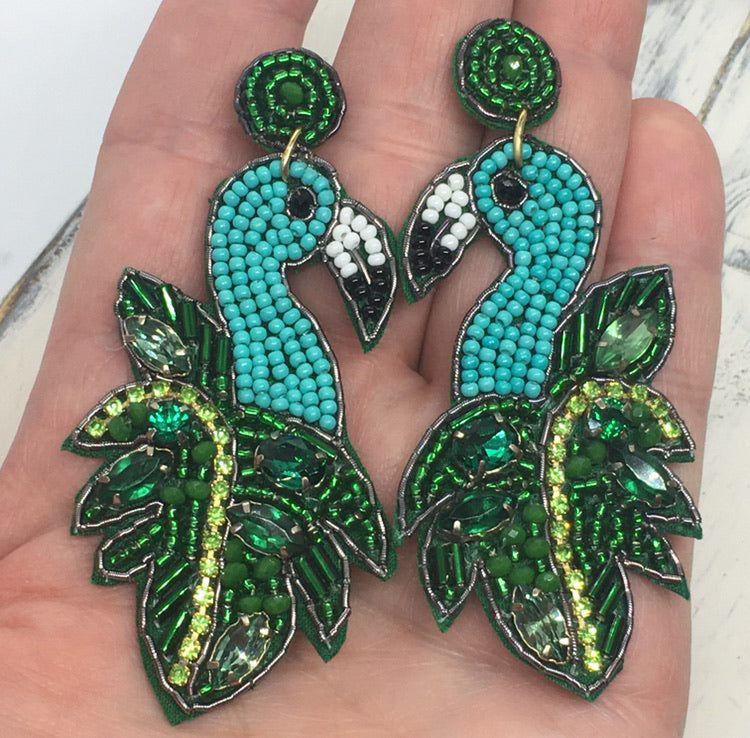 "Florine" Flamingo Seed Beads & Rhinestones Statement Earrings--Turquoise, Handcrafted
