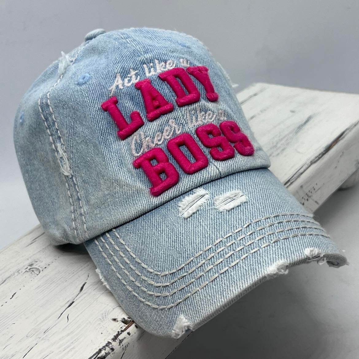 "Lady Boss" Embroidered Vintage Distressed Baseball Cap--Denim