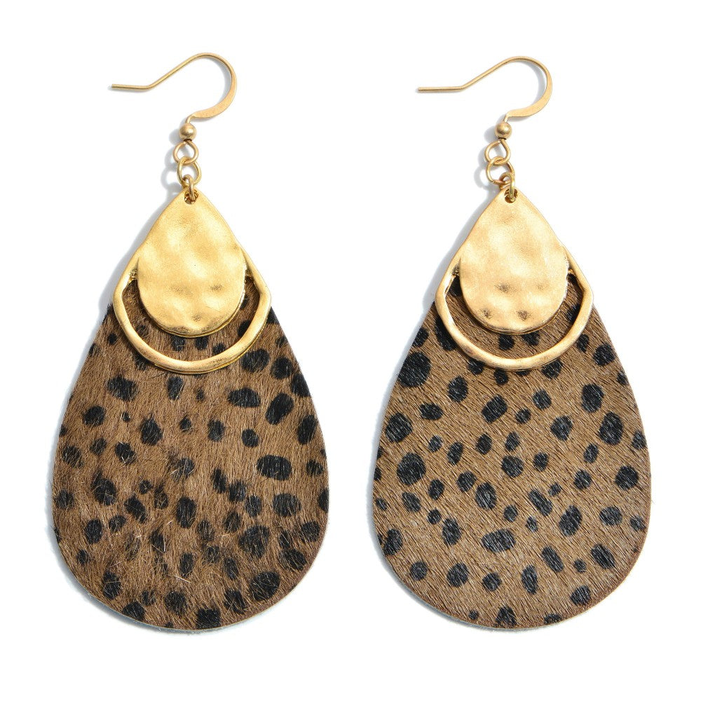 “Leetah” Genuine Leather Cheetah Print Statement Earrings--Brown