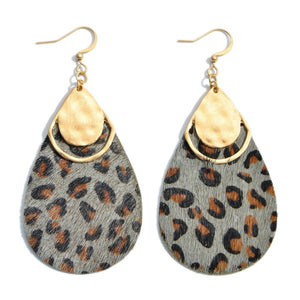 “Leetah” Genuine Leather Leopard Print Statement Earrings--Gray