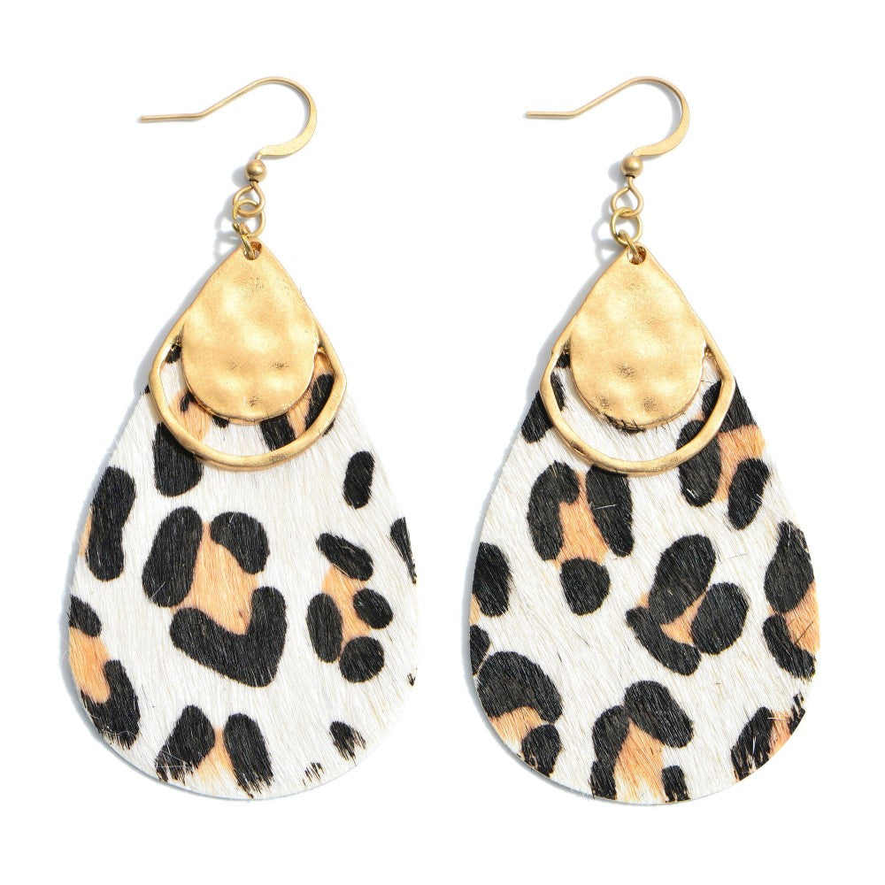 “Leetah” Genuine Leather Snow Leopard Print Statement Earrings--Ivory