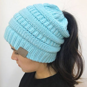 C.C Messy Bun/BeanieTail Cable Knit Ponytail Beanie