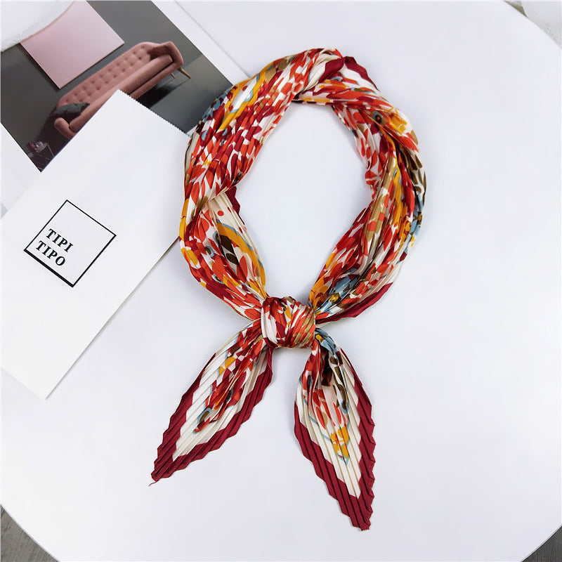 White and Red Animal Print Square Bandana Pleated Fashion Scarf
