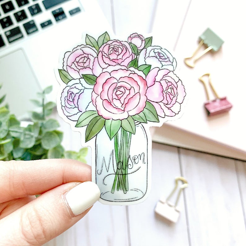 Mason Jar with Peonies Watercolor Vinyl Sticker