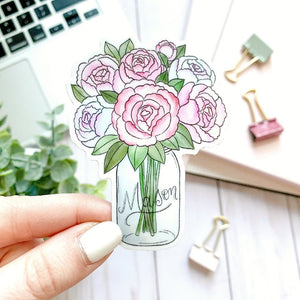 Mason Jar with Peonies Watercolor Vinyl Sticker