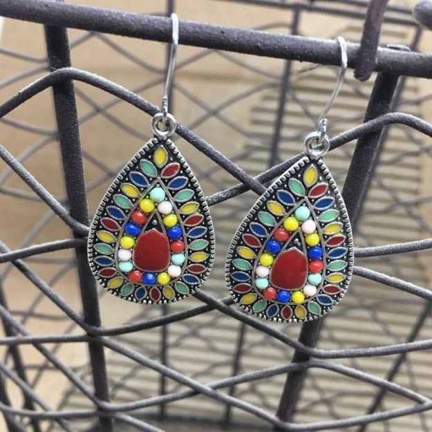 "Roja" Boho Chic Antique Silver Teardrop Red &  Multi-color Statement Earrings