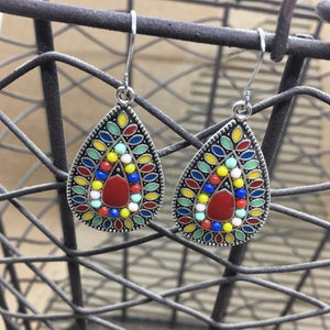 "Roja" Boho Chic Antique Silver Teardrop Red &  Multi-color Statement Earrings