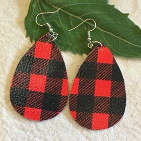"Polly" Red & Black Buffalo Plaid Faux Leather Dangle Earrings