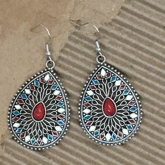 "Teagan” Boho Chic Antique Silver with Enamel Teardrop Earrings