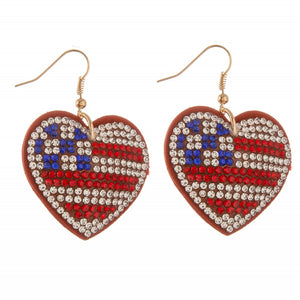 "America the Beautiful" Rhinestone USA Flag Heart Drop Earrings