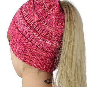 C.C Messy Bun/BeanieTail Cable Knit Ponytail Beanie