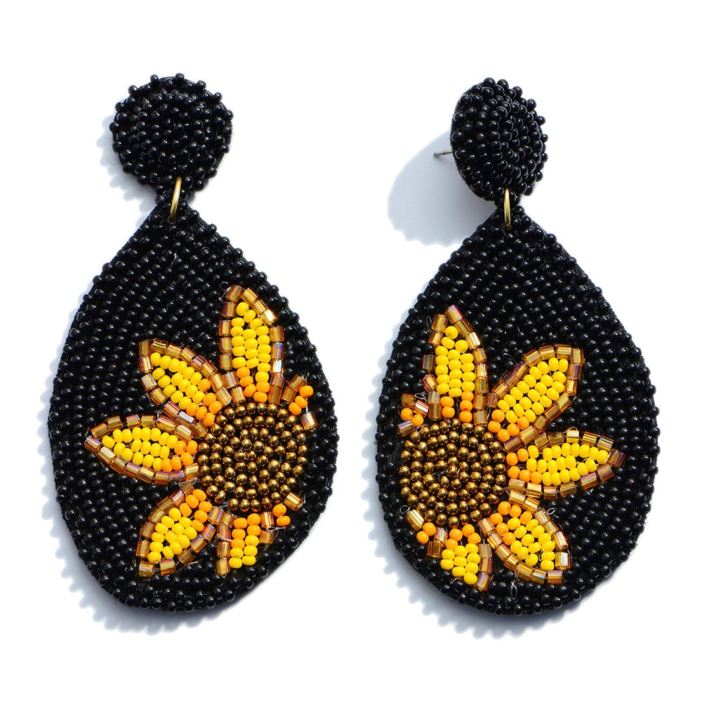 "Summer Sun" Seed Beaded Sunflower Teardrop Statement Earrings--Black, Handmade