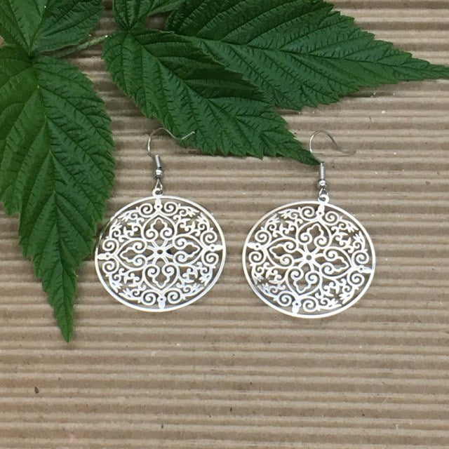 "Francesca" Copper Filigree Stamping Round Silvertone Earrings