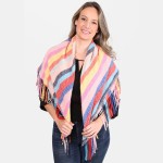 “Candace” Pink & Multi-Color Striped Square Scarf with Fringe