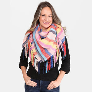 “Candace” Pink & Multi-Color Striped Square Scarf with Fringe