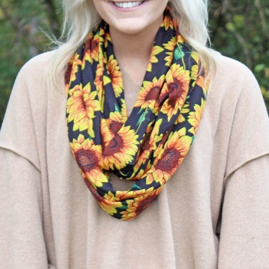 "Field of Sunflowers" Infinity Scarf--Black