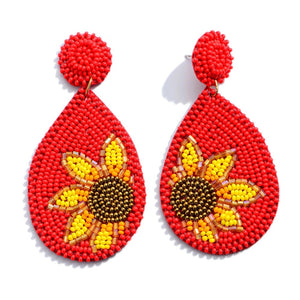 "Summer Sun" Seed Beaded Sunflower Teardrop Statement Earrings--Red, Handmade