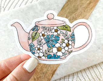 Pink Floral Teapot Watercolor Vinyl Sticker