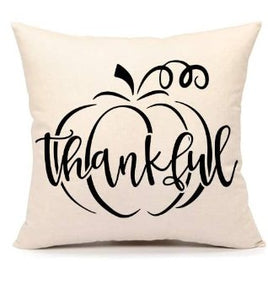 "Thankful" Black & White Pumpkin Linen Throw Pillow Cover