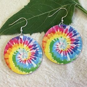 "Talia" Retro Tie-Dye Design Boho Chic Faux Leather Earrings--Rainbow Swirl Round