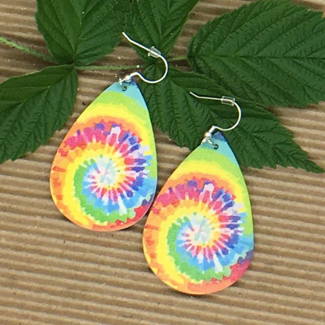 "Talia" Retro Tie-Dye Design Boho Chic Faux Leather Earrings--Rainbow Swirl