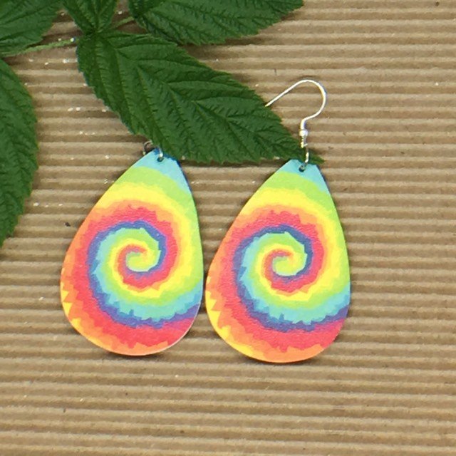 "Talia" Retro Tie-Dye Design Boho Chic Faux Leather Earrings--Rainbow Swirl 2