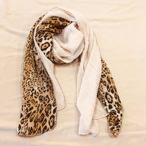 "Wild World" Leopard Colorblock Pleated Fashion Scarf--Ivory