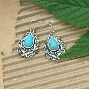 "Terése" Antique Silver Turquoise Teardrop Statement Earrings