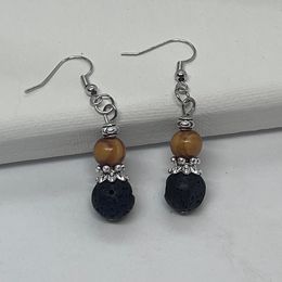 Natural Lava Stone & Wood Bead Drop Earrings