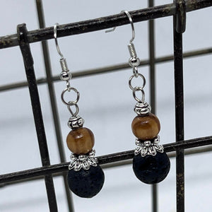 Natural Lava Stone & Wood Bead Drop Earrings